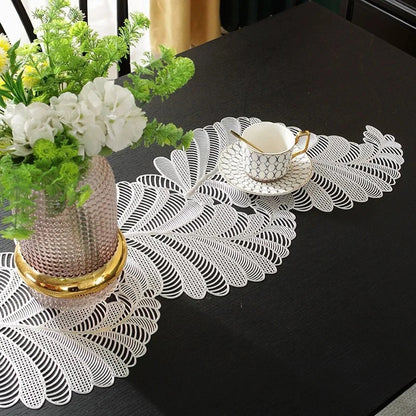 3 Piece Leaf Table Runner and Placemat Set Heat Resistant Table Mat Luxury Iris Leaves PVC Placemat - PM047