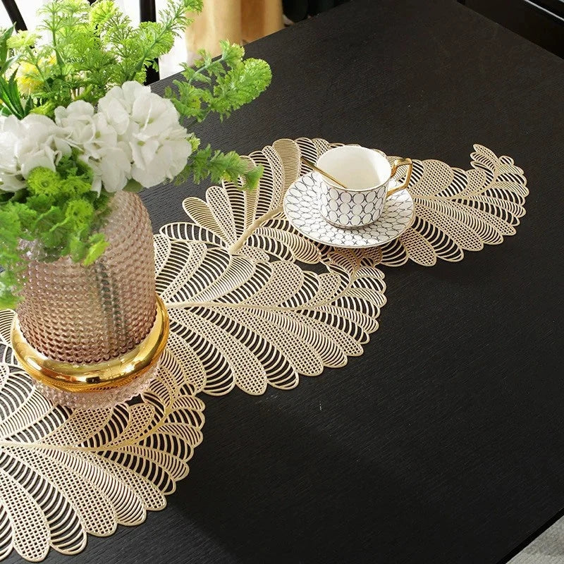 3 Piece Leaf Table Runner and Placemat Set Heat Resistant Table Mat Luxury Iris Leaves PVC Placemat - PM047